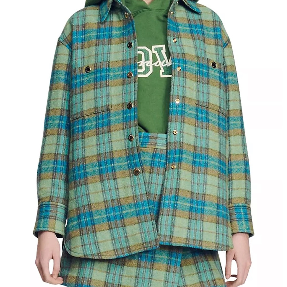 Sandro Padded Plaid Wool Oversized Shirt-Jacket size 38 FR